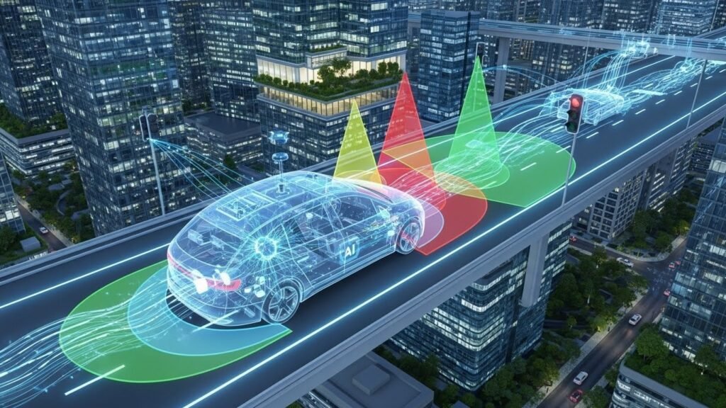 Futuristic car navigating smart city