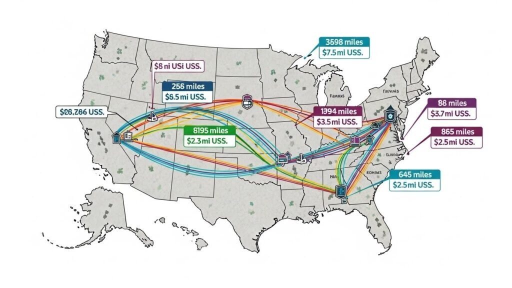 Map showing various travel distances and costs
