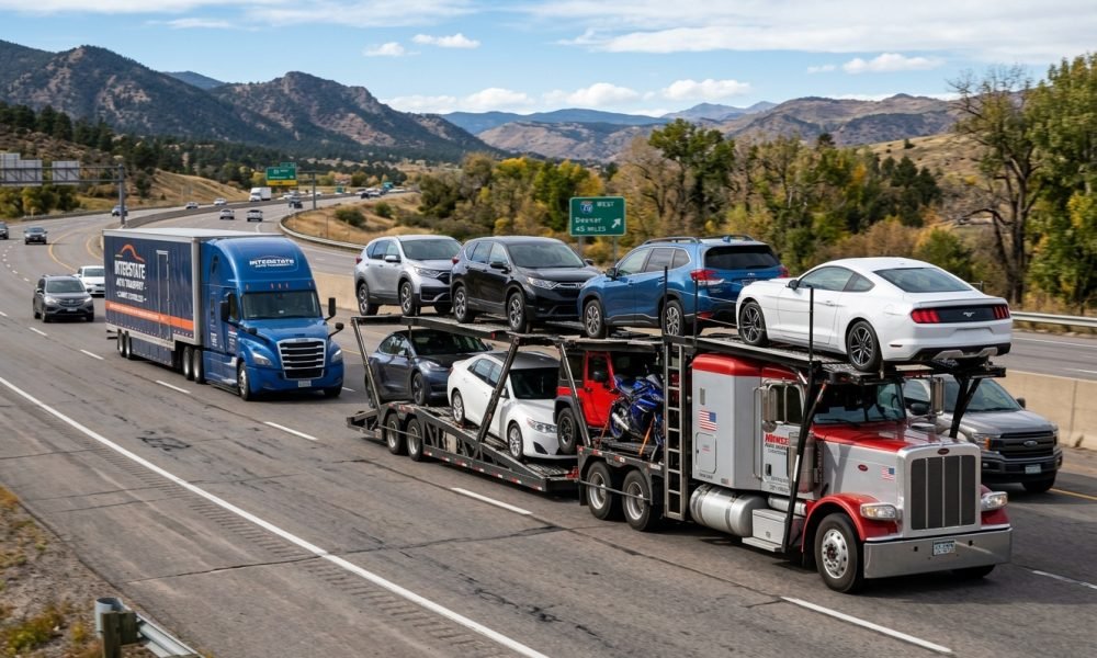 open and enclosed truck running on a road.
