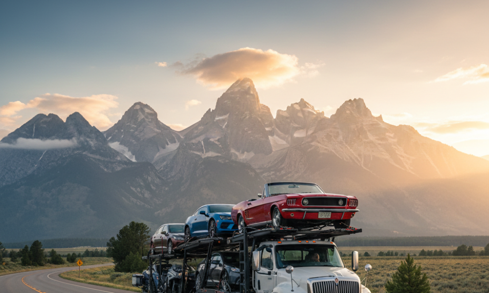 A open hauler loaded with classic cars for Wyoming Auto Shipping