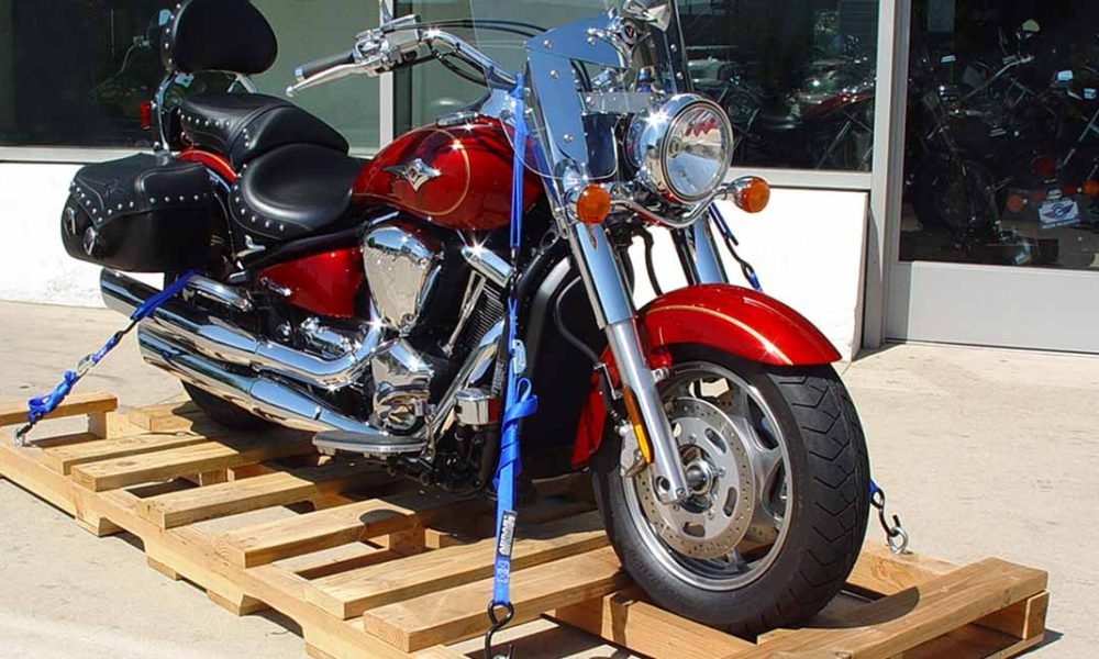 heavy motorcycle on save wooden pallets for shipping