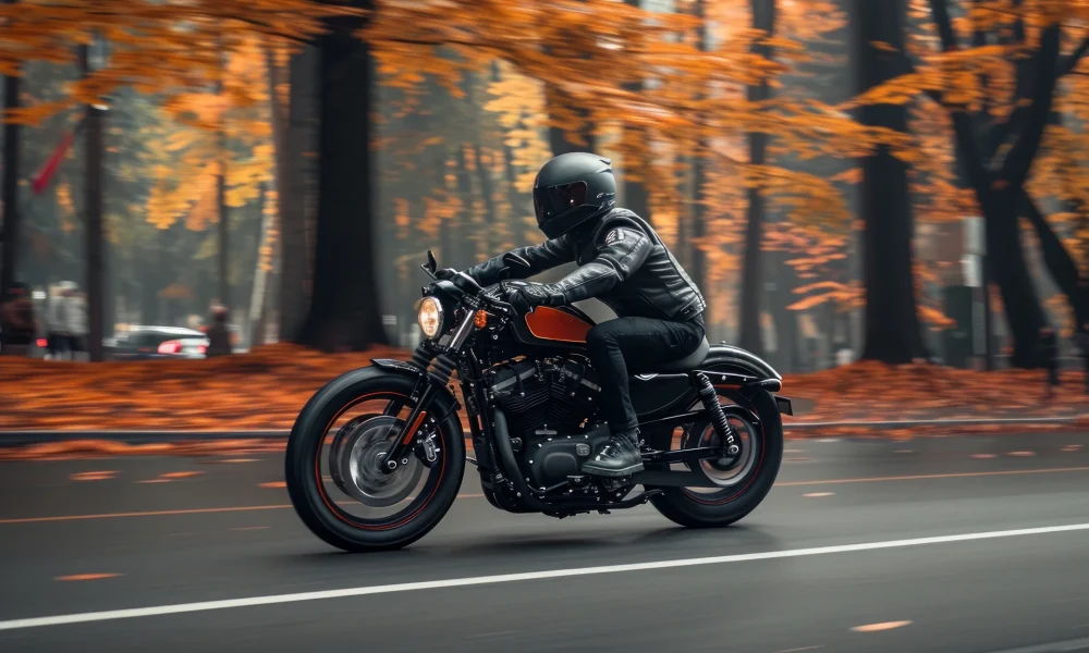 medium-ai-generated-a-black-and-orange-biker-riding-down-a-road-in-autumn